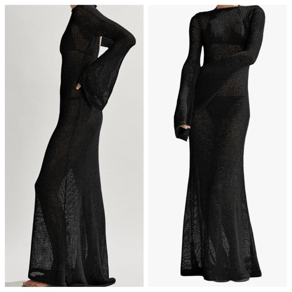 🆕 Boho Knit Crochet Maxi Dress Black Plus 2X Open Back Sleeve Travel Beach NWT